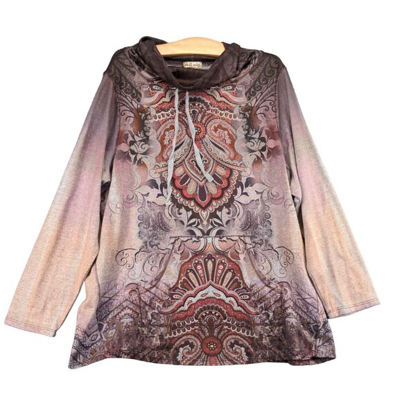 World Unity Multicolor Tribal Print Pullover Sweatshirt Womens 2X Cowl Neck - Picture 1 of 12